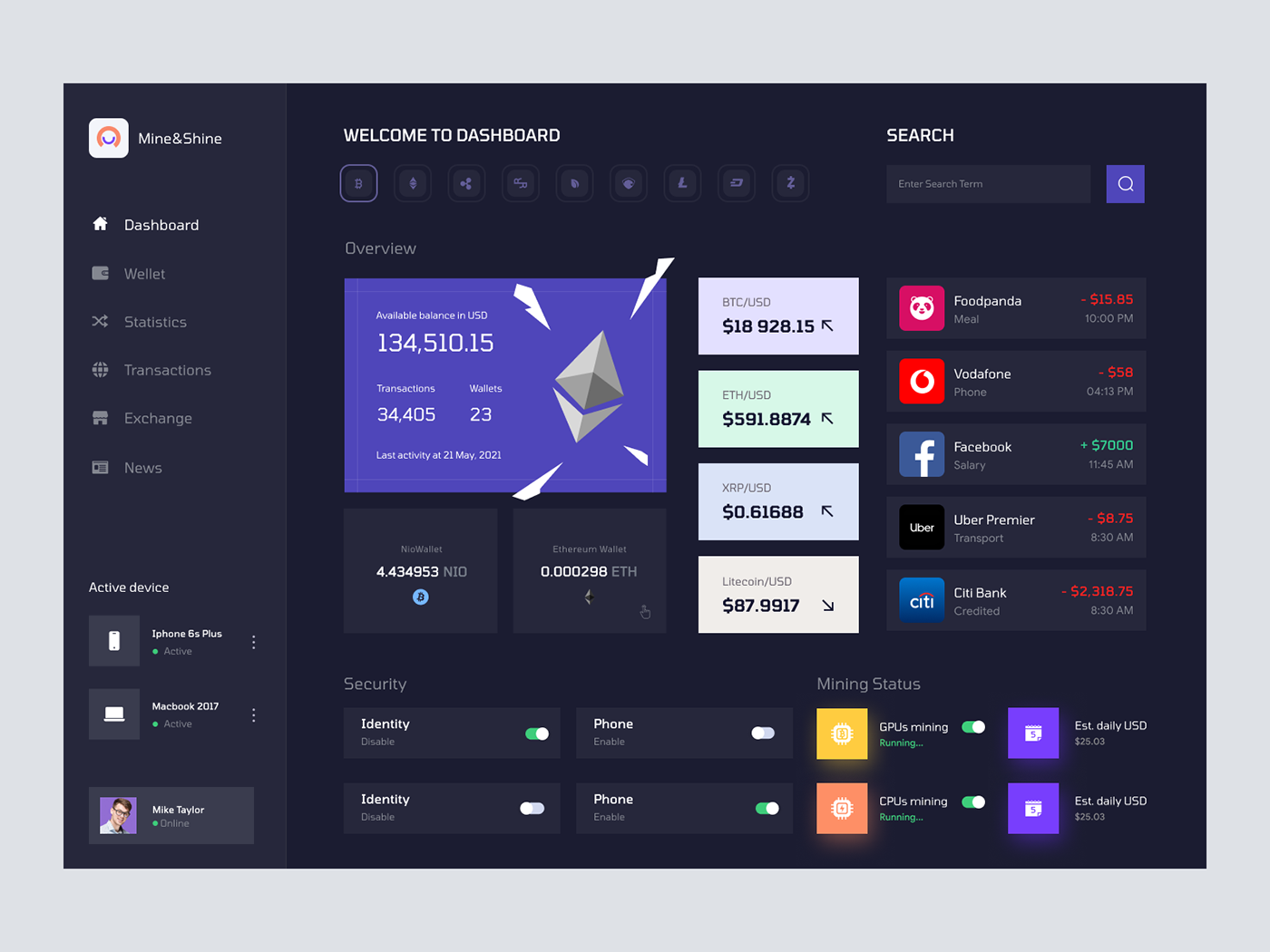 Dashboard Mining. Дашборд в майнинге. Modern UI Dark. Mining Linux dashboard.